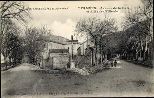 Ak Les Mées Alpes de Haute Provence, Avenue de la Gare, Allée des Tilleuls