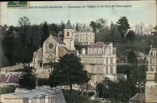 Ak Villeneuve Saint Georges Val de Marne, Panorama de l'Église et du Parc de Beauregard