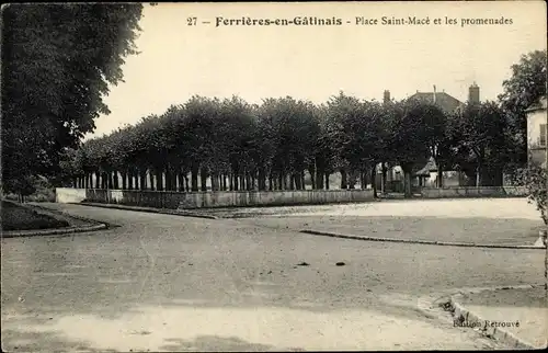 Ak Ferrières en Gatinais Loiret, Place Saint Macé et les promenades