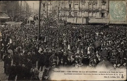 Ak Paris Reuilly, Les Fêtes de la Mi Carème 1905, Arrivée à la Gare du Lyon