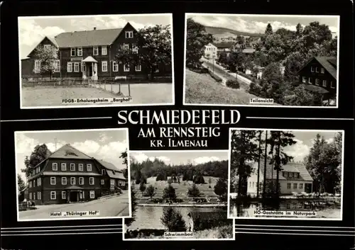 Ak Schmiedefeld am Rennsteig Thüringen, FDGB Erholungsheim Berghof, Hotel Thüringer Hof, Schwimmbad