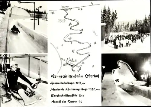 Ak Oberhof im Thüringer Wald, Rennschlittenbahn, Skizze, Herrenstart, Bobfahrer, Flutlicht