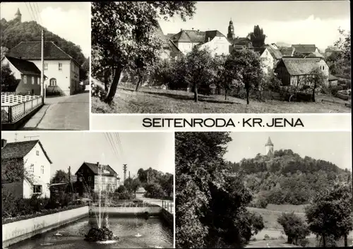 Ak Seitenroda Thüringen, Panorama vom Ort, Straßenpartie, Springbrunnen, Schloss