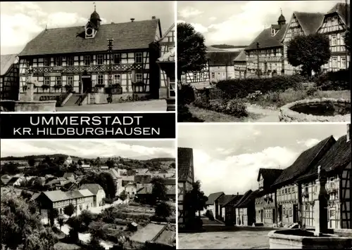Ak Ummerstadt Thüringen, HO Gasthaus, Fachwerkhäuser, Straßenpartie, Brunnen, Panorama vom Ort