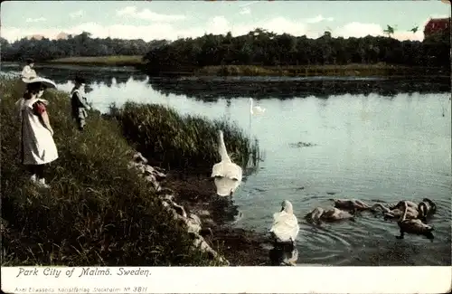 Ak Malmö Schweden, Teichpartie, Kinder, Schwäne, Enten