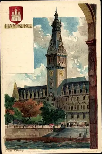 Künstler Wappen Litho Kley, Heinrich, Hamburg, Blick auf das Rathaus
