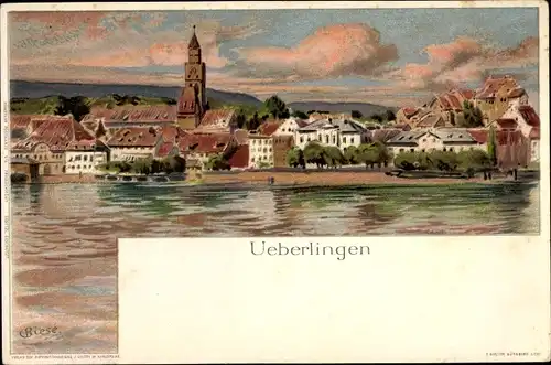 Künstler Litho Biese, C., Überlingen im Bodenseekreis Baden Württemberg, Stadtpanorama vom Fluss