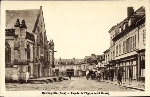 Ak Beuzeville Eure, Facade de l'Eglise, Kirchenfassade, Haus Leroux, Boucherie