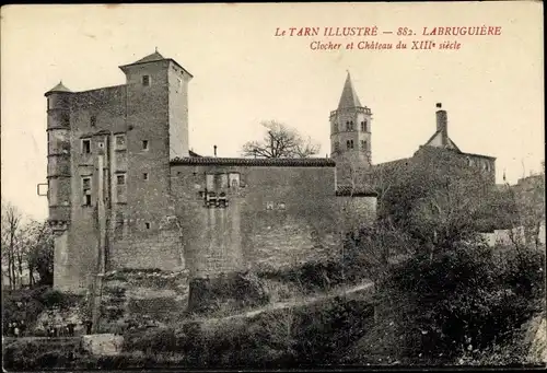 Ak Labrugière Tarn, Clocher et Château du XIIIe siècle, vue générale