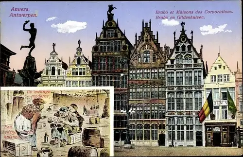 Ak Antwerpen Anvers Flandern, Brabo et Maisons des Corporations