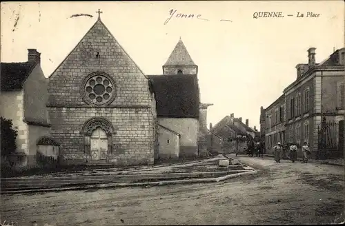 Ak Quenne Yonne, Vue de la Place, Eglise