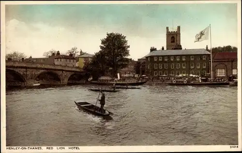 Ak Henley on Thames Oxfordshire England, Red Lion Hotel, bridge, boat