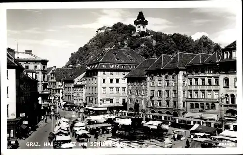 Ak Graz Steiermark, Hauptplatz mit Schlossberg, Markt