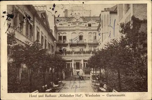 Ak Wiesbaden in Hessen, Gartenansicht des Hotel und Badhauses Kölnischer Hof