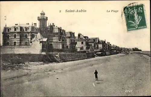 Ak Saint Aubin sur Mer Calvados, La Plage, Strand, Häuser, Leuchtturm