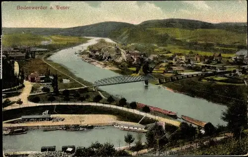 Ak Bodenwerder in Niedersachsen, Teilansicht der Ortschaft mit Blick auf eine Brücke