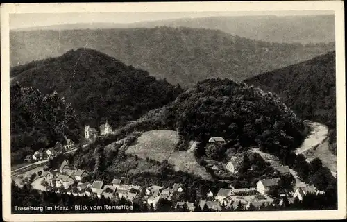 Ak Treseburg Thale im Harz, Blick vom Rennstieg ins Tal, Berge, Wald