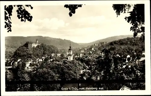 Ak Greiz in Thüringen, Blick vom Hainberg aus auf den Ort, Kirchturm, Schloss