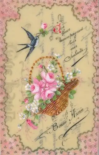 Zelluloid Ak Glückwunsch Neujahr, Blumenkorb, Rosen, Schwalbe