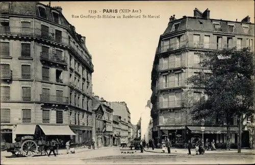Ak Paris XIII., Rue Geoffroy Saint Hilaire au Boulevard Saint Marcel, caleche A. Bigey