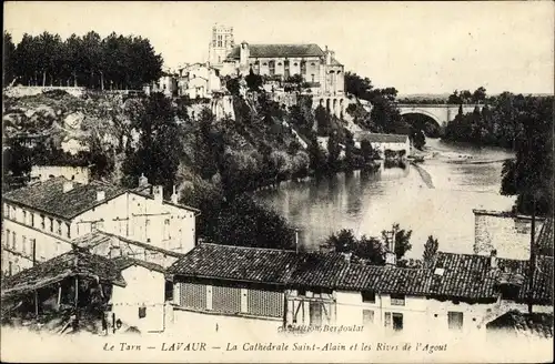 Ak Lavaur Tarn, Cathédrale Saint Alain et les Rives de l'Agout, pont
