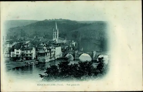 Passepartout Ak Roquecourbe Tarn, vue générale d'en haut de la ville, rivière, pont, clocher