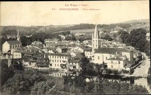 Ak Roquecourbe Tarn, vue générale de la ville, églises, rivière