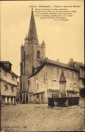 Ak Donzenac Corrèze, Eglise et Place du Marché