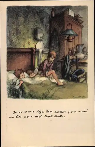 Künstler Ak Poulbot, Francisque, Drei Kinder in einem Bett