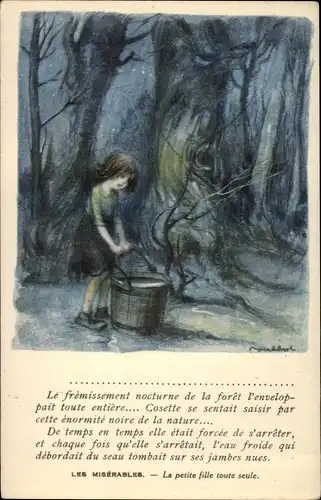 Künstler Ak Poulbot, Francisque, Mädchen mit großem Wassereimer, Nacht, Wald