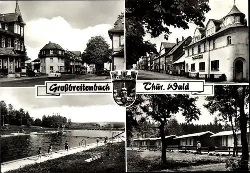 Ak Großbreitenbach in Thüringen, Bahnhofstraße, Sparkasse, Schwimmbad, Campingplatz