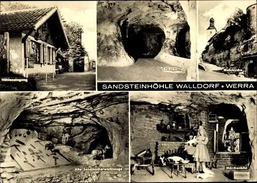 Ak Walldorf Meiningen in Südthüringen, Sandsteinhöhle, Eingang, Wehrkirche, Alte Sandwerkzeuge