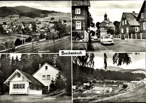 Ak Breitenbach Schleusingen in Thüringen, Teilansicht, Hauptstraße, Wolga, Blockhaus, Schwimmbad