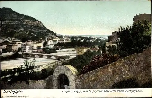 Ak Ventimiglia Liguria, Ponte sul Roja, veduta generale della Città Bassa e Monte Maule