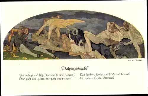 Künstler Ak Georgi, W., Walpurgisnacht, Teufel, Hexen, Steinbock, Gedicht