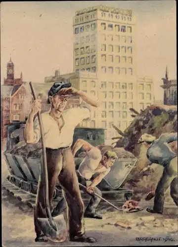 Künstler Ak Leipzig in Sachsen, Erste Leipziger Friedensmesse, Arbeiter beim Wiederaufbau