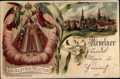 Litho Kevelaer am Niederrhein, Gesamtansicht, Maria mit Kind, Engel, Lilie