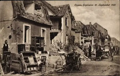 Ak Oppau Ludwigshafen am Rhein Rheinland Pfalz, Explosion 21.09.1921, Ruinen, zerstörte Häuser