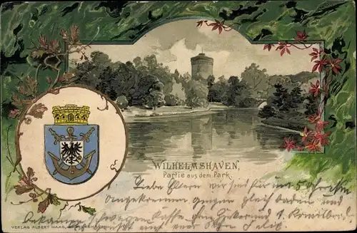 Präge Wappen Passepartout Litho Wilhelmshaven in Niedersachsen, Partie im Park