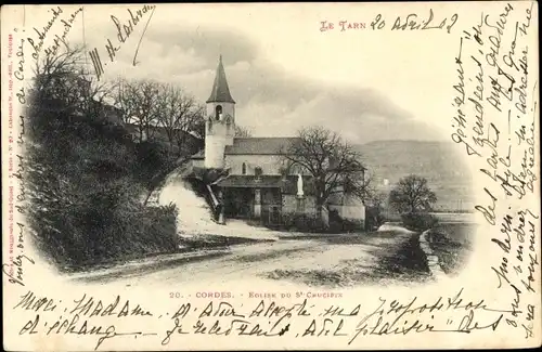 Ak Cordes Tarn, Église du St Crucifix, vue extérieure, rue, statue