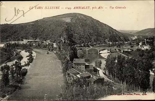 Ak Ambialet près Albi Tarn, vue générale du lieu, deux rivières, pont, montagne