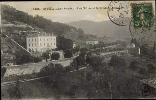 Ak Saint Félicien Ardèche, Les Villas et la Route d'Annonay
