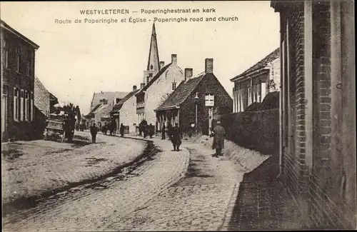 Ak Westvleteren Westflandern, Poperinghestraat en kerk