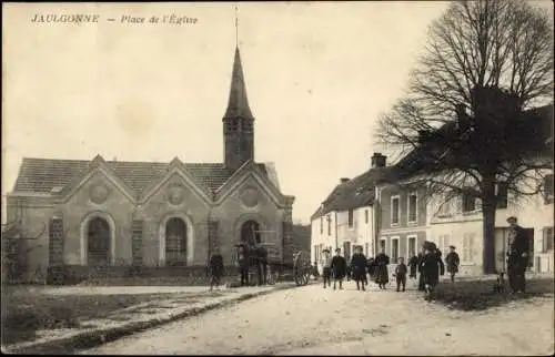 Ak Jaulgonne Aisne, Place de l'Eglise, Kirche, Fuhrwerk