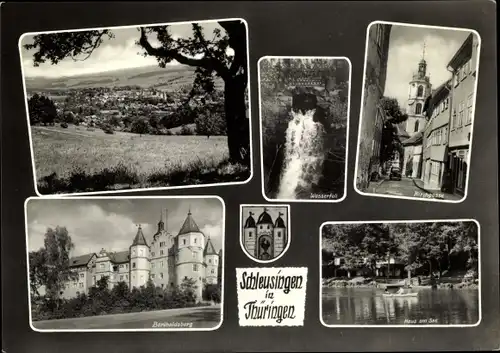 Ak Schleusingen in Thüringen, Wappen, Panorama, Wasserfall, Kirchgasse, Bertholdsburg, Haus am See