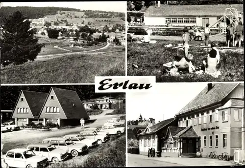 Ak Erlau Schleusingen Thüringen, Teilansicht, Freibad, Campingplatz, Gasthaus zur grünen Erle, Trabi