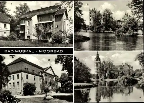 Ak Bad Muskau in der Oberlausitz, Turmvilla, Schlossruine, Moorbad, Schloss