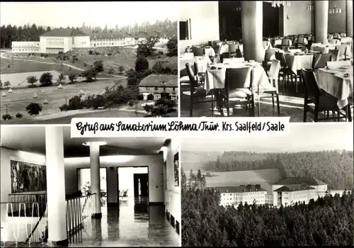 Ak Löhma Thüringen, Sanatorium, Gesamtansicht, Speisesaal, Treppe, Panorama mit Thüringer Wald