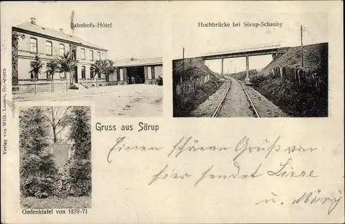 Ak Sörup in Schleswig Holstein, Bahnhofshotel, Gedenktafel, Hochbrücke