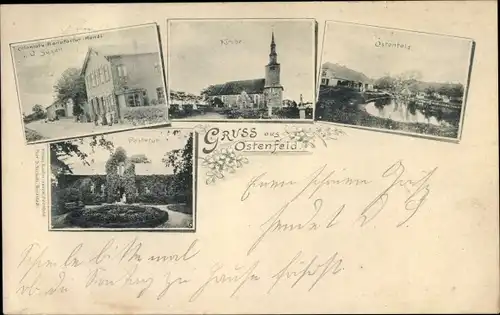 Ak Ostenfeld Husum in Nordfriesland, Kirche, Pastorat, Kolonialwaren Saxen